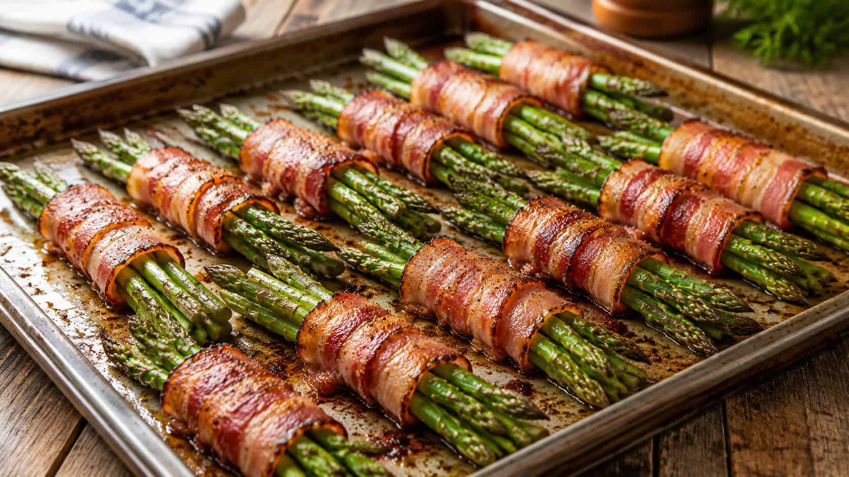 a wide baking sheet of bacon wrapped asparagus bundles with crispy browned bacon and bright green spears, on a rustic table, natural light, shallow depth of field, landscape orientation