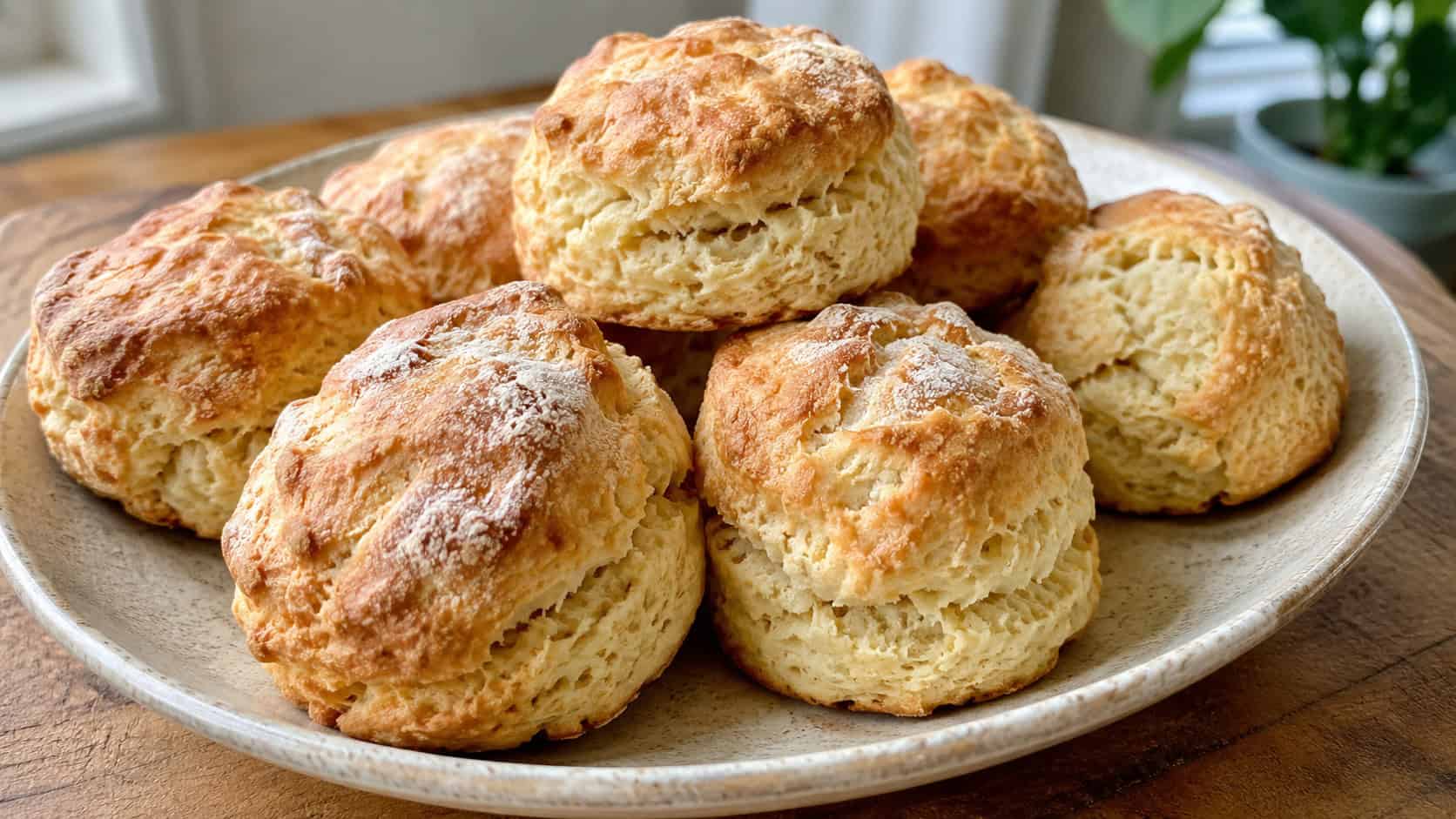 a wide plate of golden risen scones with soft crumb, lightly dusted with flour, on a wooden board, natural light, shallow depth of field, landscape orientation