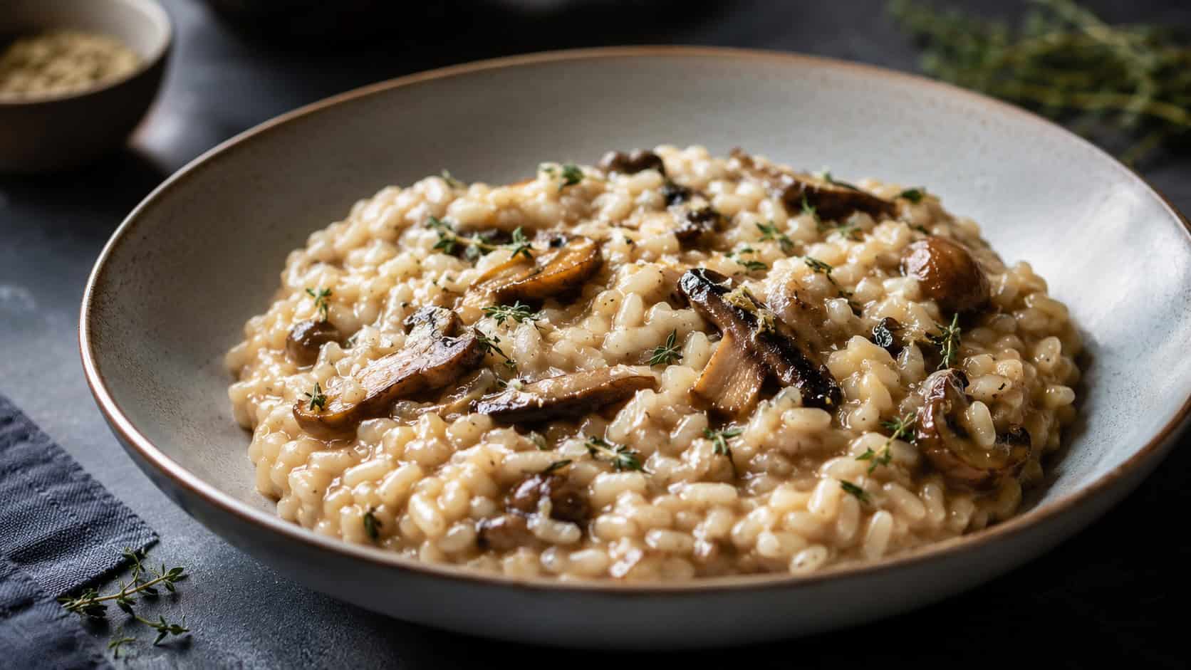 creamy mushroom risotto in a wide shallow bowl shot horizontally, glossy arborio rice studded with golden mushrooms and fresh thyme, a dark elegant surface, soft natural light, shallow depth of field, landscape orientation