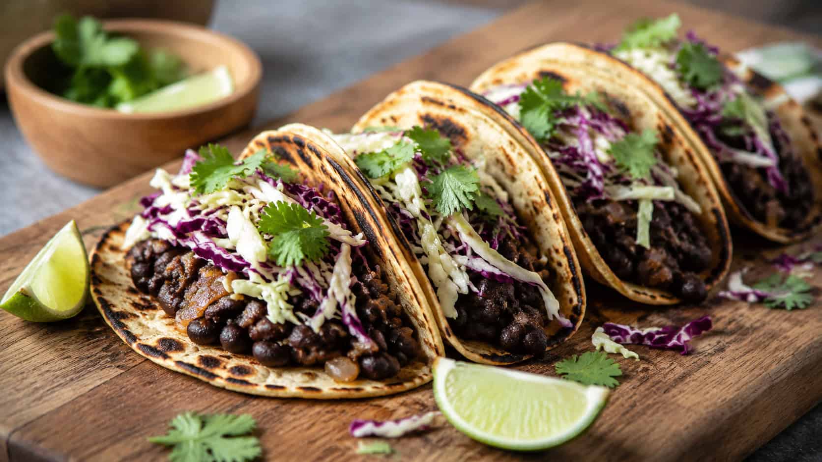 black bean tacos lined up on a wide wooden board shot horizontally, charred corn tortillas filled with spiced beans and shredded cabbage, lime wedges and cilantro scattered around, bright natural light, shallow depth of field, landscape orientation