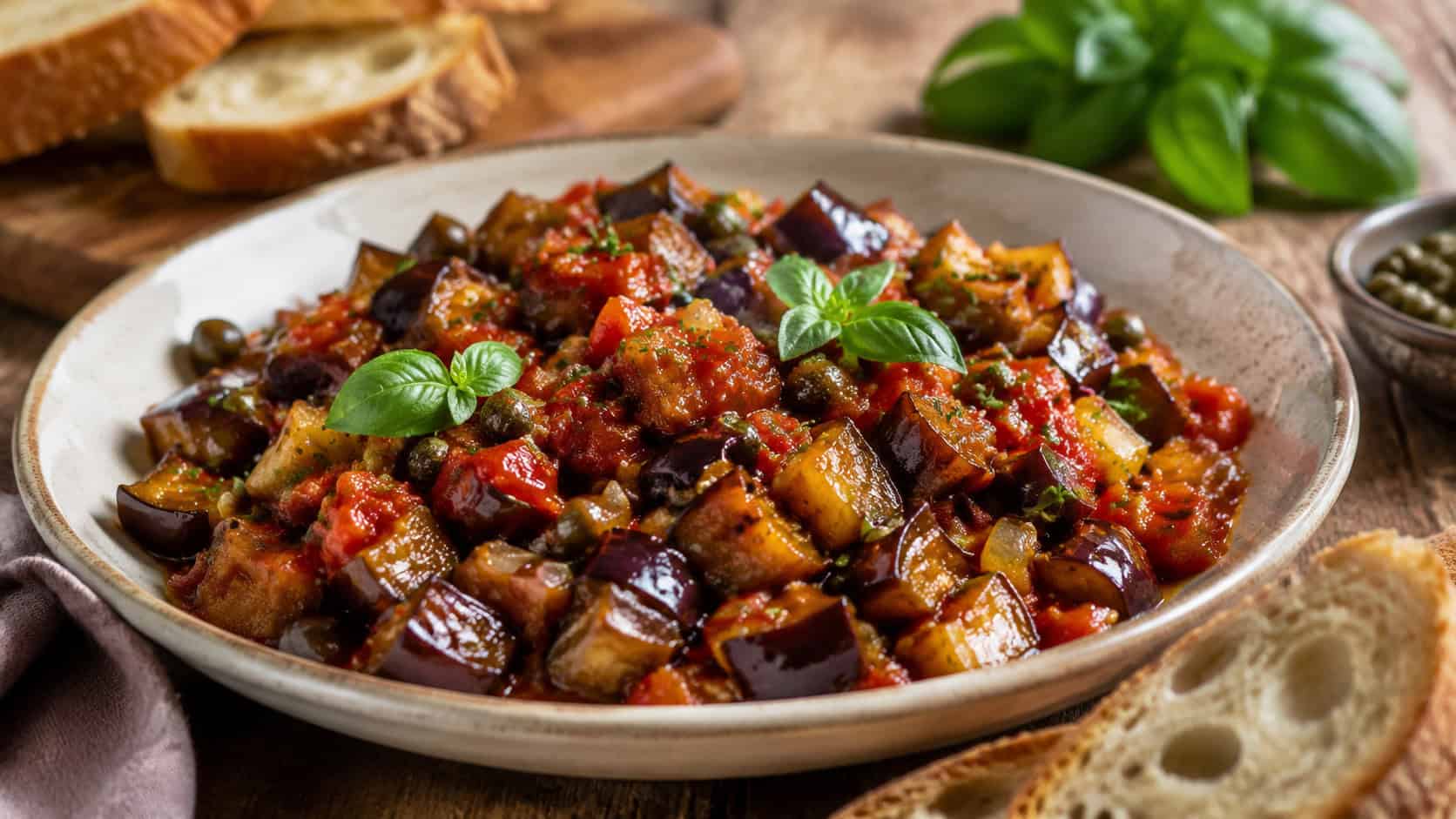 eggplant caponata in a wide shallow dish shot horizontally, glossy chunks of eggplant tomato and olives, crusty bread slices and fresh basil on a rustic table, warm natural light, shallow depth of field, landscape orientation