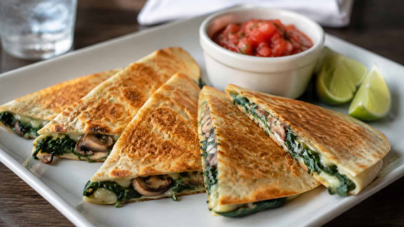 spinach and mushroom quesadilla wedges fanned on a wide plate shot horizontally, golden crispy tortillas with green spinach and mushroom filling, a small bowl of salsa and lime, bright natural light, shallow depth of field, landscape orientation