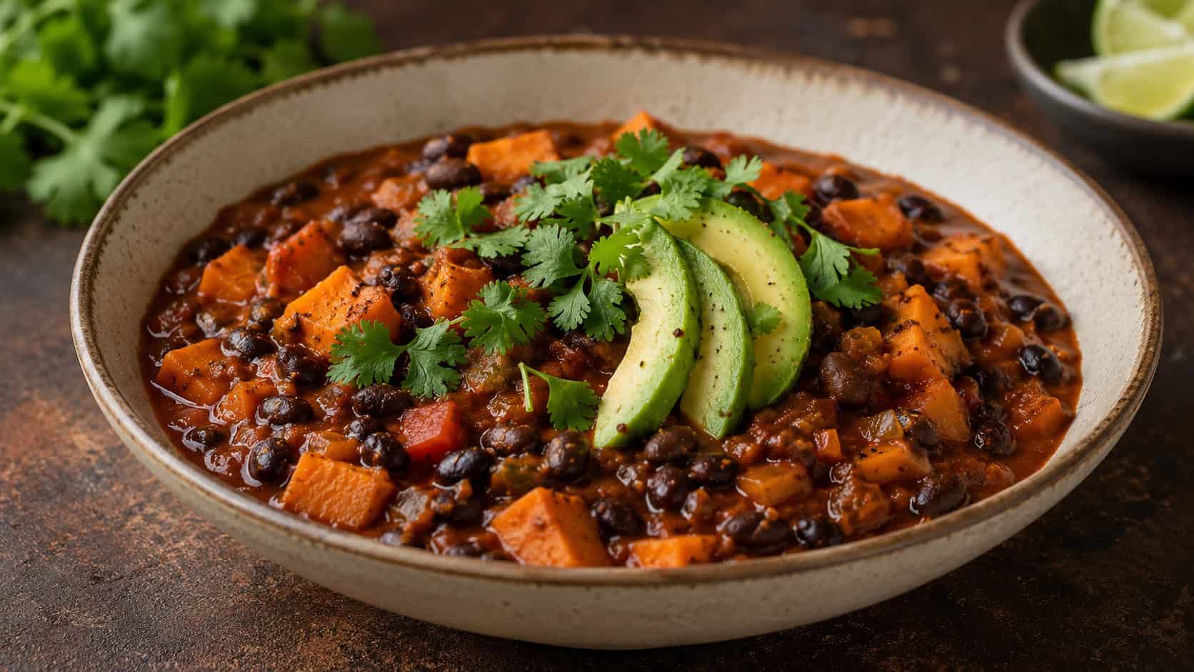 sweet potato and black bean chili in a wide bowl shot horizontally, thick chili with orange sweet potato and dark beans, avocado slices and cilantro on top, a rustic dark surface, warm natural light, shallow depth of field, landscape orientation