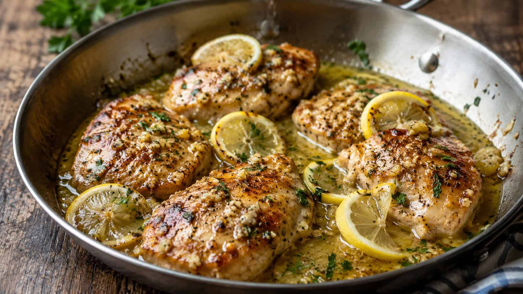 garlic lemon chicken breasts in a wide skillet shot horizontally, golden seared chicken in a glossy lemon pan sauce with lemon slices and parsley, a rustic surface, natural light, shallow depth of field, landscape orientation