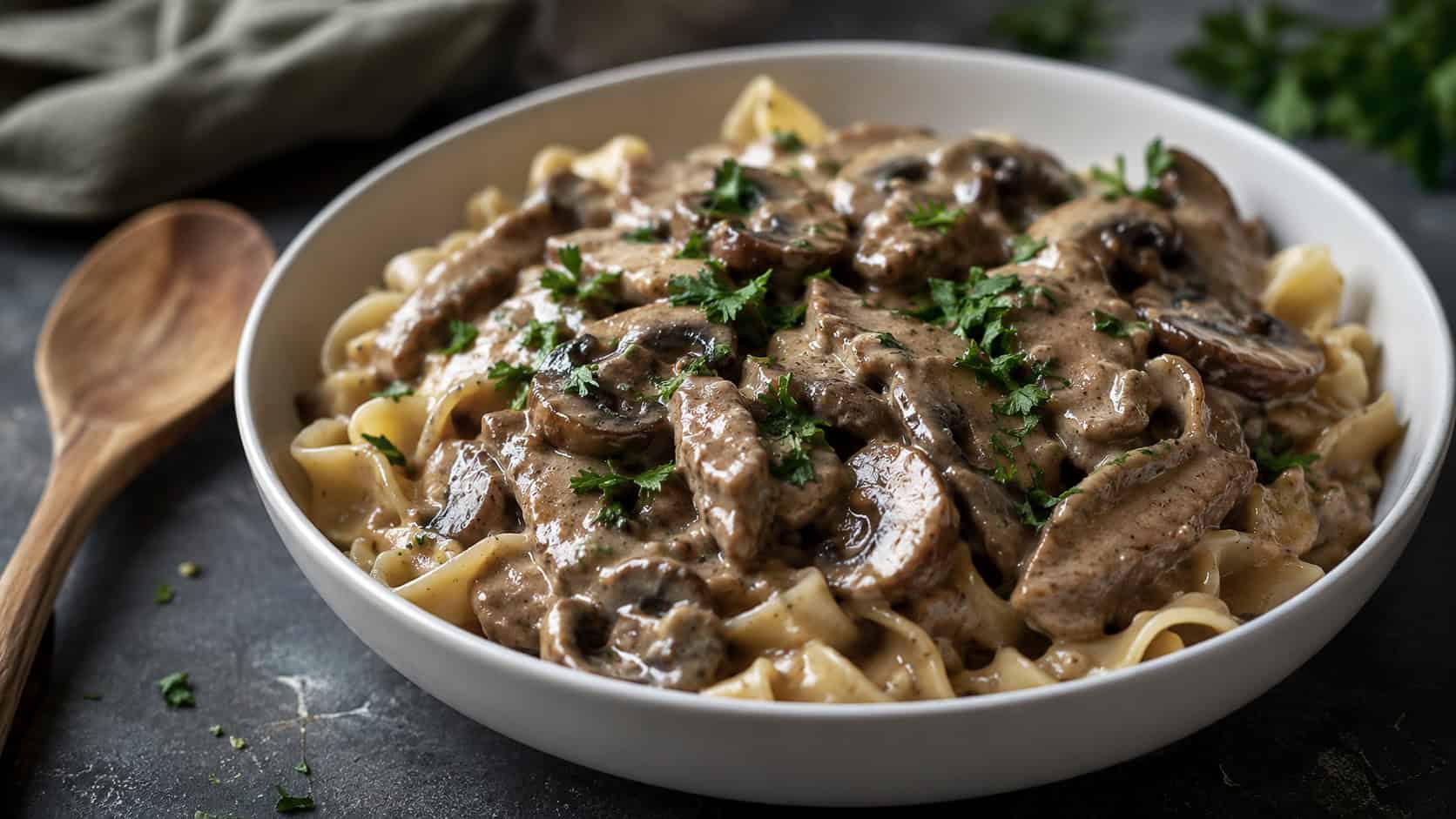 creamy mushroom stroganoff over noodles in a wide bowl shot horizontally, glossy brown mushroom sauce with fresh parsley, a wooden spoon and dark moody surface, soft natural light, shallow depth of field, landscape orientation