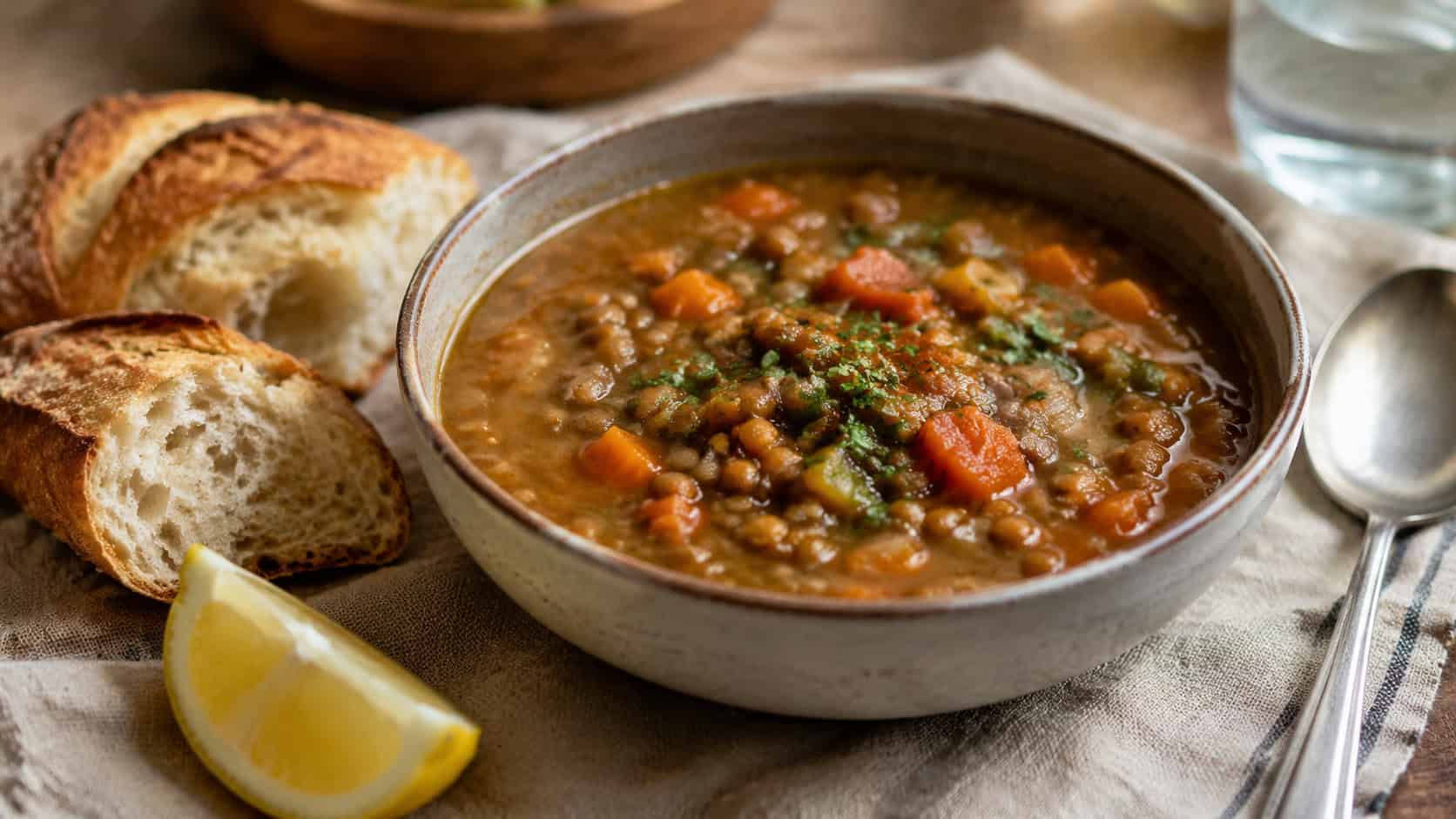 a bowl of hearty lentil soup shot horizontally in a wide frame, brown lentils with carrots and tomato in a savory broth, crusty bread and a lemon wedge beside it on a linen surface, warm natural light, shallow depth of field, landscape orientation