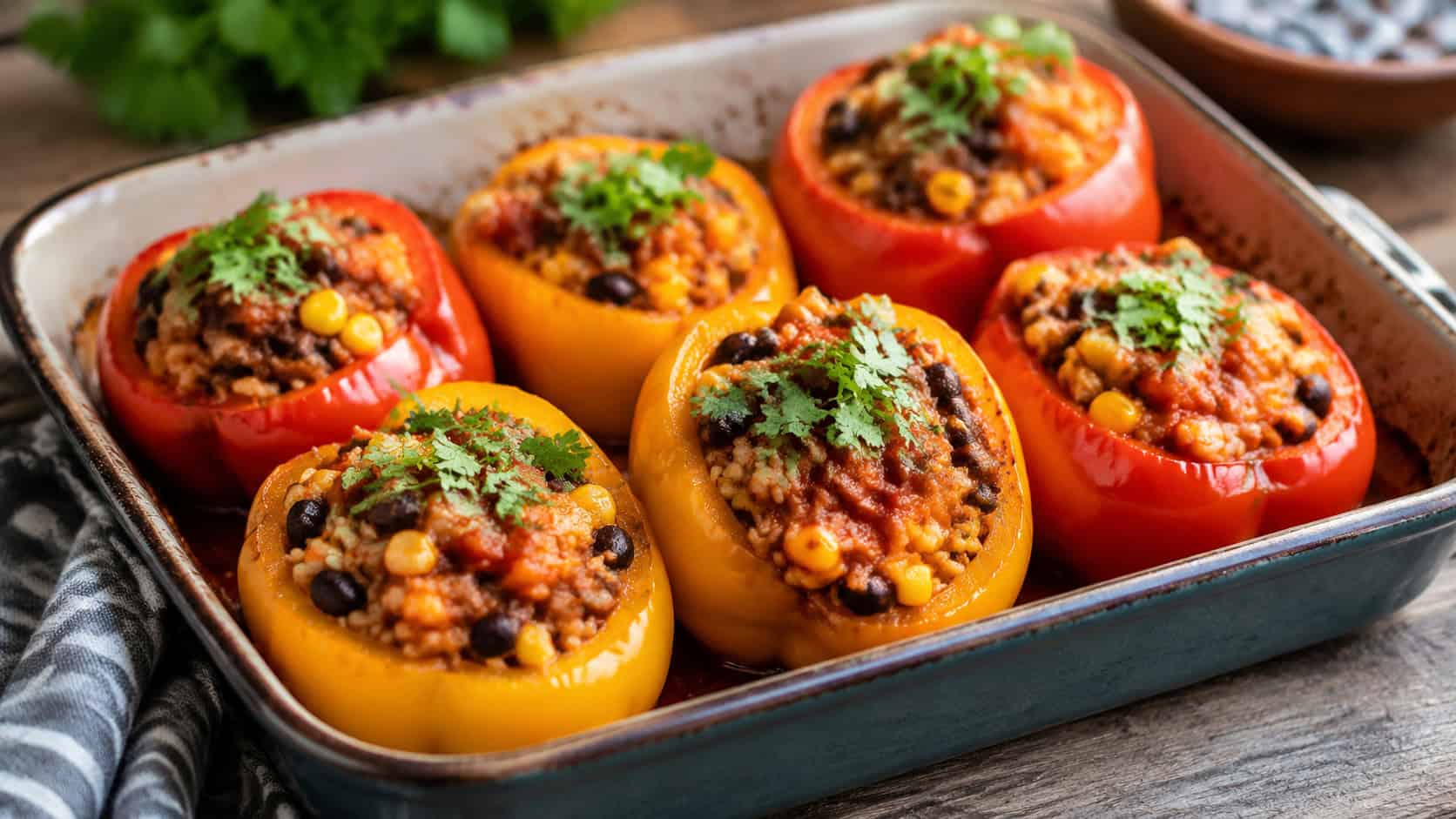 colorful stuffed bell peppers in a wide baking dish shot horizontally, red and yellow peppers filled with rice beans and corn in tomato sauce, fresh cilantro garnish on a rustic table, natural light, shallow depth of field, landscape orientation
