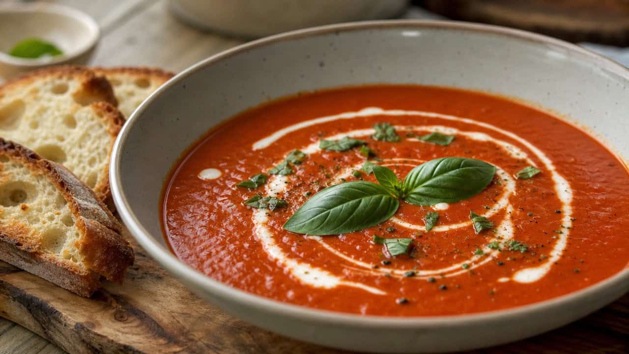 roasted tomato basil soup in a wide bowl shot horizontally, smooth deep red soup swirled with coconut milk and topped with basil, crusty bread on the side, warm natural light, shallow depth of field, landscape orientation
