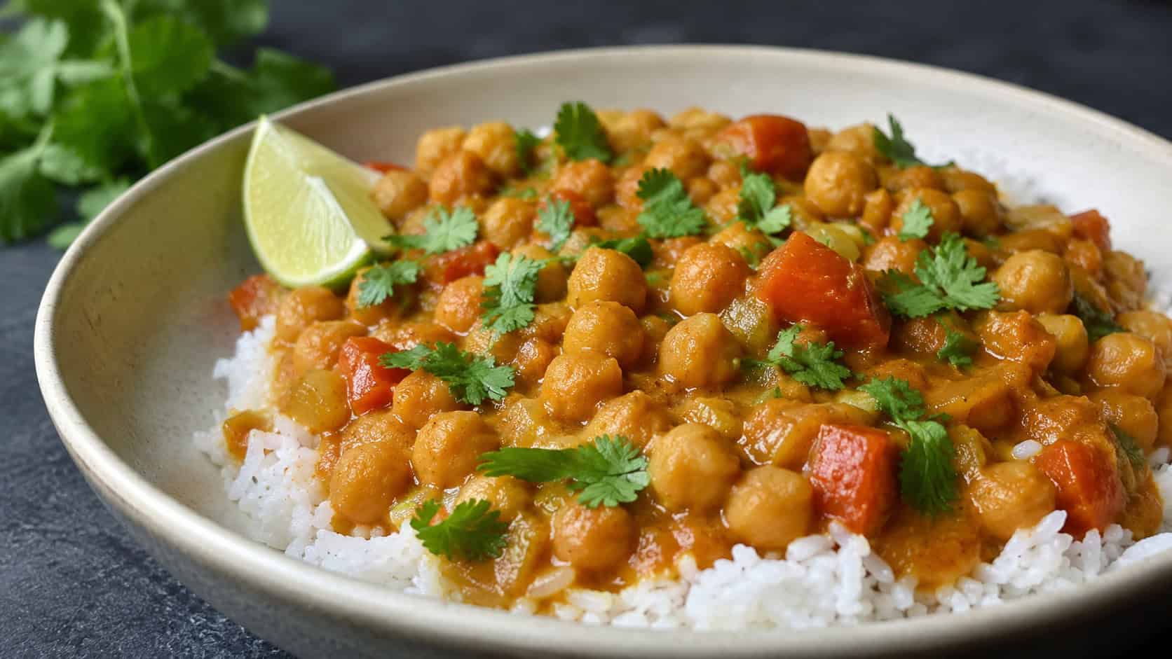 coconut curry chickpeas in a wide bowl over rice shot horizontally, golden creamy curry with chickpeas and tomato, fresh cilantro and a lime wedge on a dark surface, natural light, shallow depth of field, landscape orientation