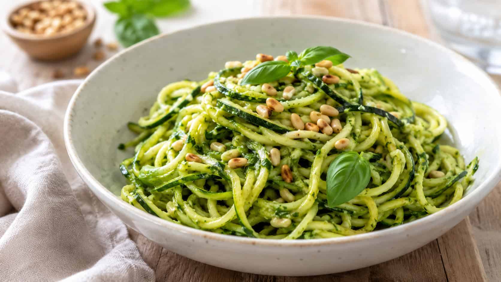zucchini noodles tossed in green pesto in a wide bowl shot horizontally, bright spiralized zucchini with toasted pine nuts and basil, a light wooden surface and linen napkin, natural light, shallow depth of field, landscape orientation