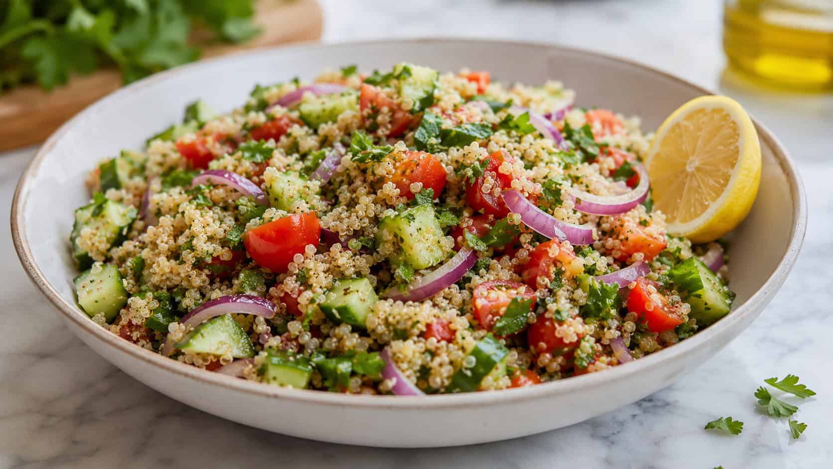 a colorful quinoa salad in a wide shallow bowl shot horizontally, fluffy quinoa with cucumber cherry tomatoes and red onion, fresh herbs and a lemon half on a bright marble surface, natural light, shallow depth of field, landscape orientation