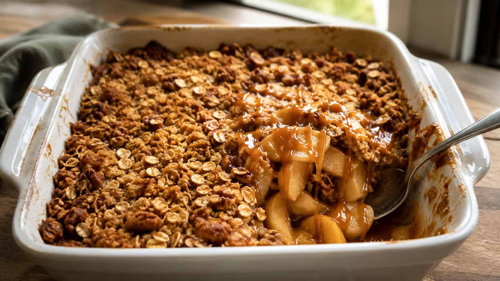 a baking dish of golden apple crisp with crunchy oat topping in a wide horizontal shot, caramel drizzled over a scooped portion, natural light, shallow depth of field, landscape orientation