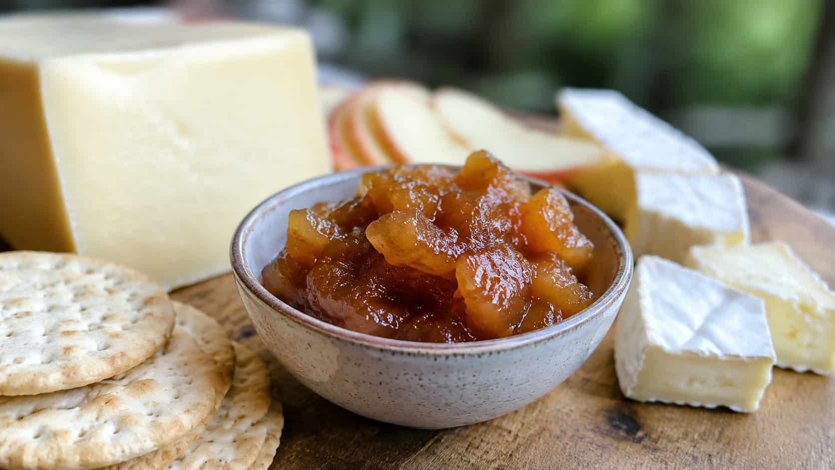 a small bowl of glossy amber apple ginger chutney in a wide horizontal shot, set on a board with cheese and crackers, natural light, shallow depth of field, landscape orientation