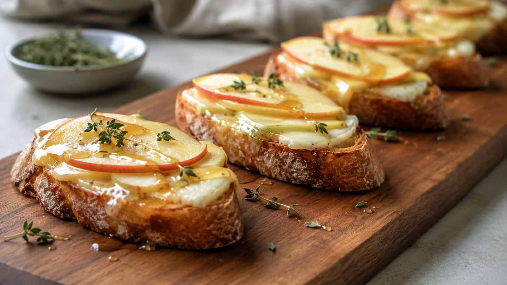 crostini with melted brie and thin apple slices in a wide horizontal shot, drizzled with honey and thyme on a long wooden board, natural light, shallow depth of field, landscape orientation