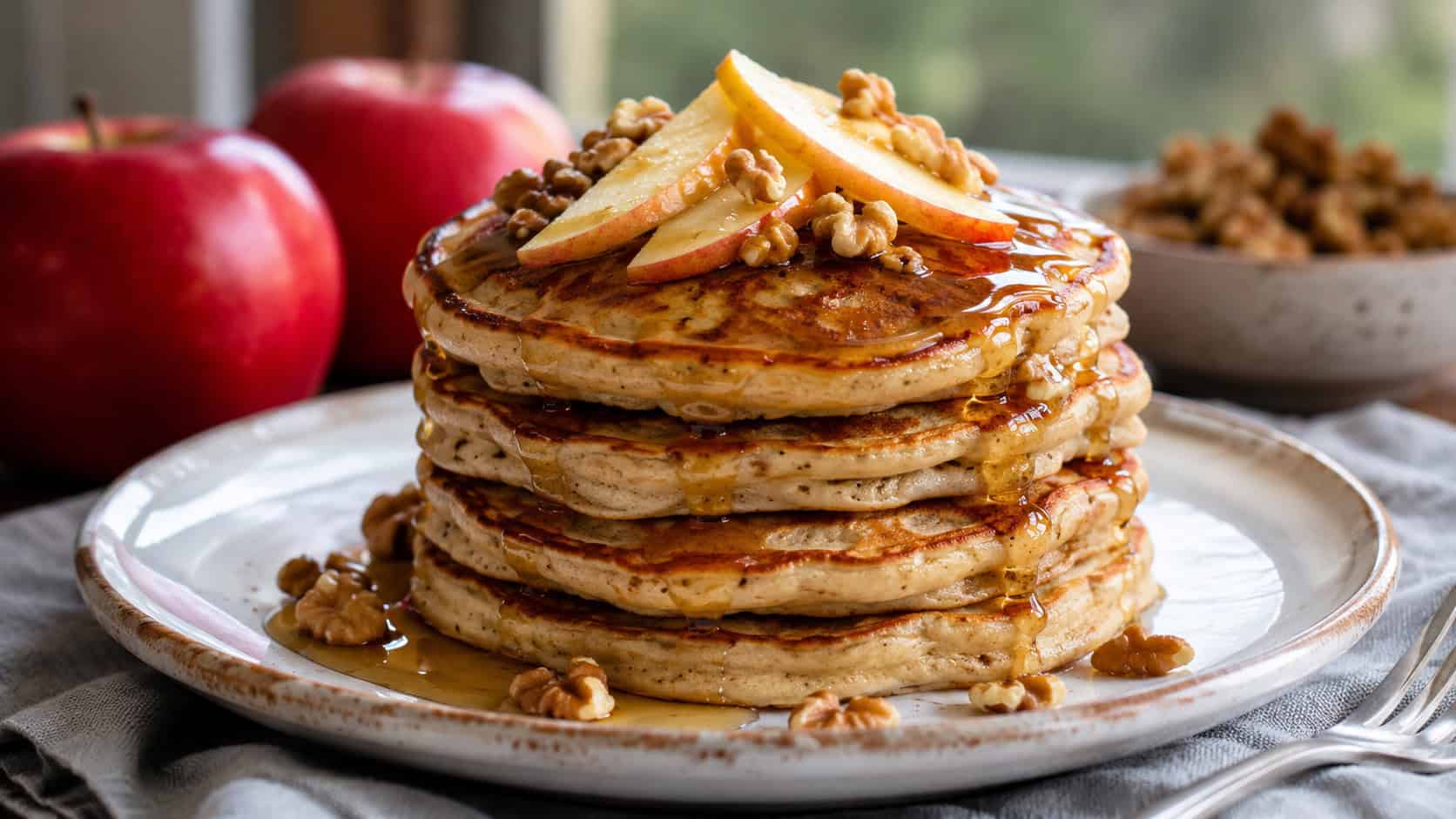 a stack of fluffy apple walnut pancakes in a wide horizontal shot, drizzled with maple syrup and topped with apple slices on a plate, natural light, shallow depth of field, landscape orientation