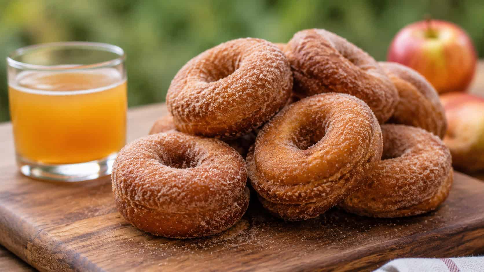 cinnamon-sugar coated apple cider donuts in a wide horizontal shot, stacked on a wooden board with a small glass of cider, natural light, shallow depth of field, landscape orientation