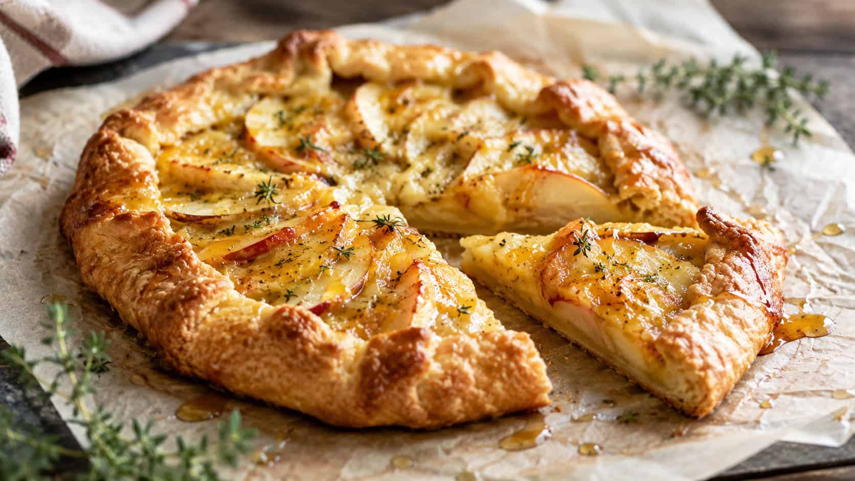 a rustic golden apple cheddar galette in a wide horizontal shot, on parchment with one slice pulled away, drizzled with honey, natural light, shallow depth of field, landscape orientation