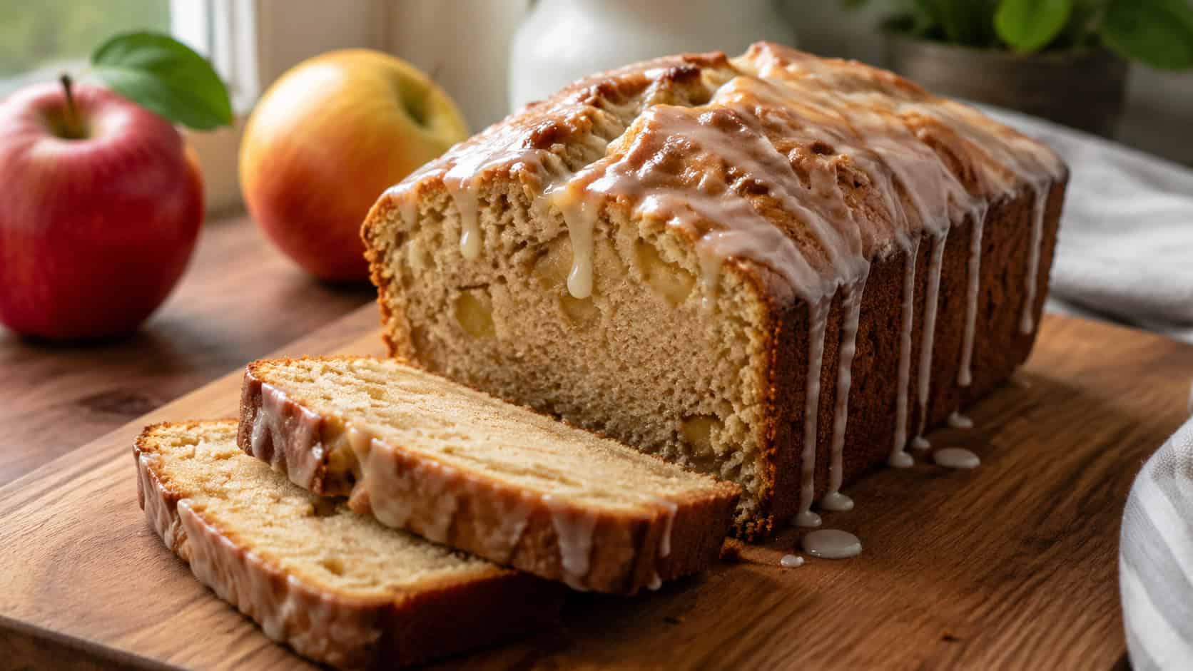 a sliced apple loaf with maple glaze dripping down the sides in a wide horizontal shot, on a wooden board with apples nearby, natural light, shallow depth of field, landscape orientation