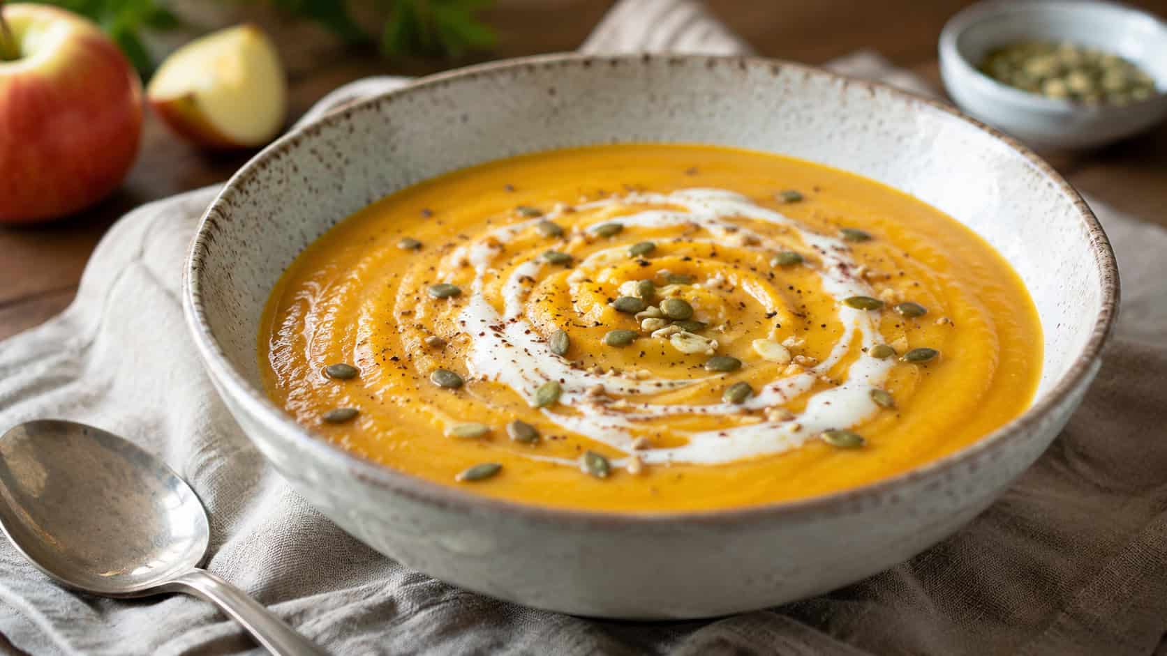 a bowl of creamy orange butternut squash and apple soup in a wide horizontal shot, swirled with coconut milk and a sprinkle of seeds, natural light, shallow depth of field, landscape orientation