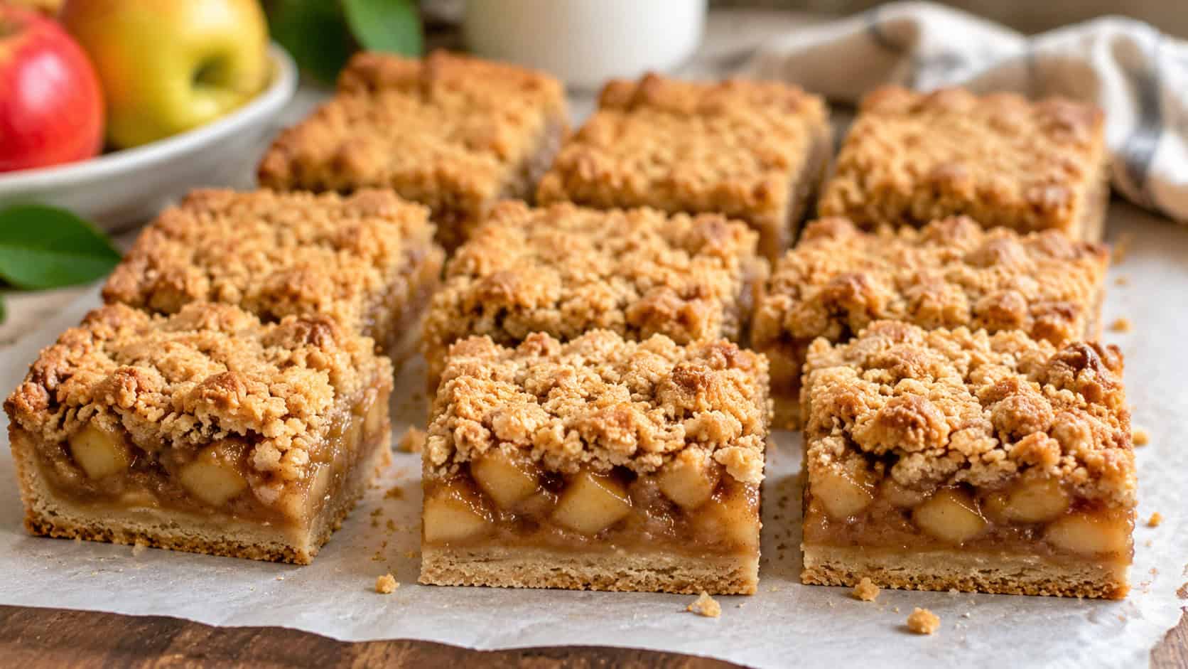 golden dutch apple pie bars with crumb topping in a wide horizontal shot, cut into squares on parchment paper, natural light, shallow depth of field, landscape orientation
