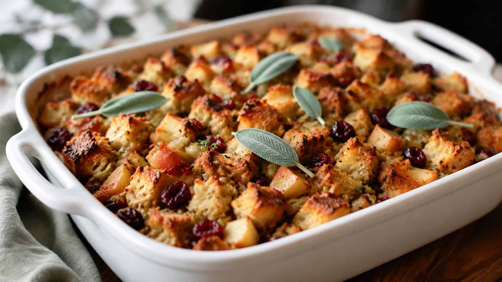 a baking dish of golden apple cranberry stuffing with crisp top in a wide horizontal shot, garnished with fresh sage, natural light, shallow depth of field, landscape orientation