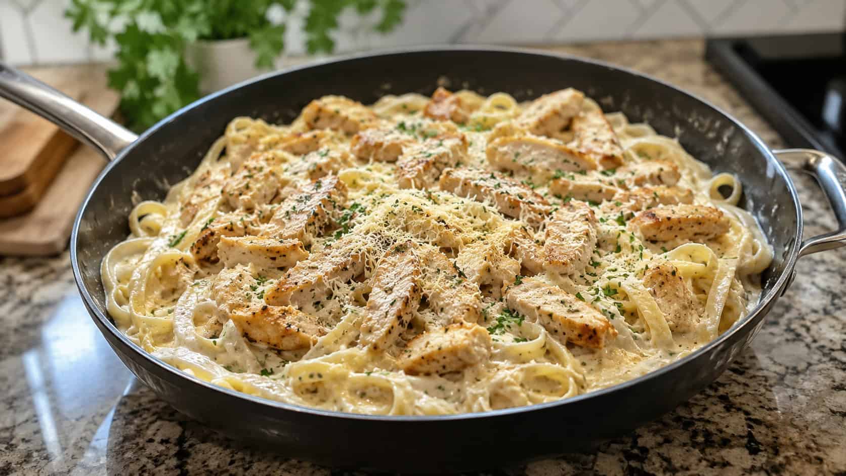 a wide skillet of creamy chicken Alfredo with fettuccine, golden chicken pieces and a dusting of parmesan, on a kitchen counter, natural light, shallow depth of field, landscape orientation