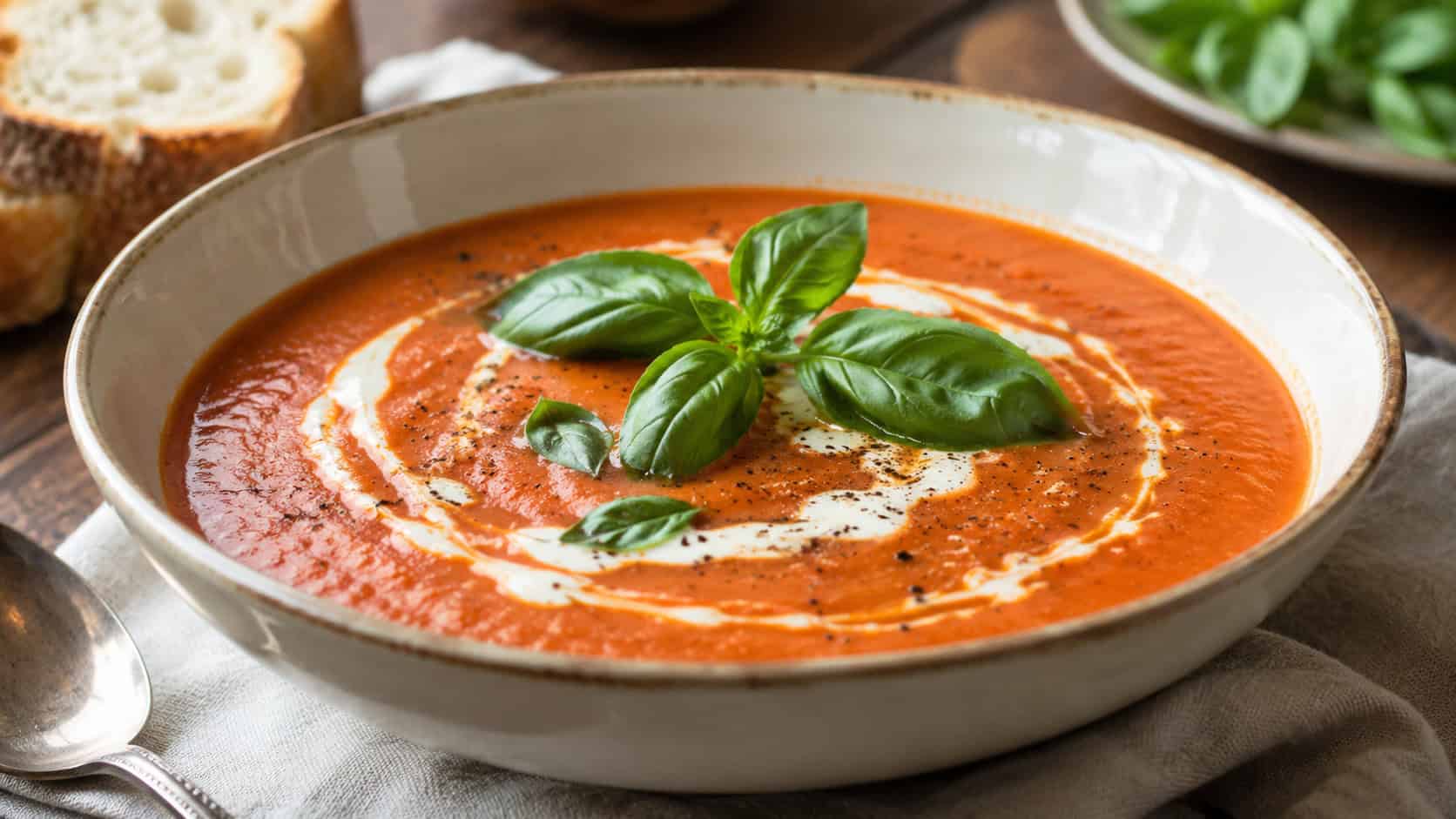 a wide bowl of creamy tomato basil soup with a swirl of cream and fresh basil leaves on top, on a cozy table, natural light, shallow depth of field, landscape orientation