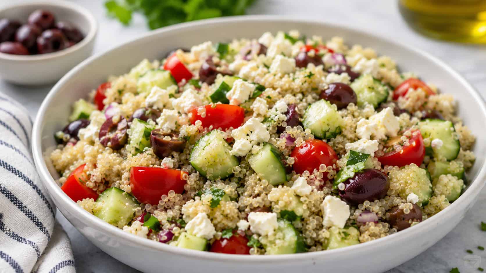 a wide bowl of Greek quinoa salad with fluffy quinoa, diced cucumber, cherry tomatoes, crumbled feta and olives, on a bright table, natural light, shallow depth of field, landscape orientation