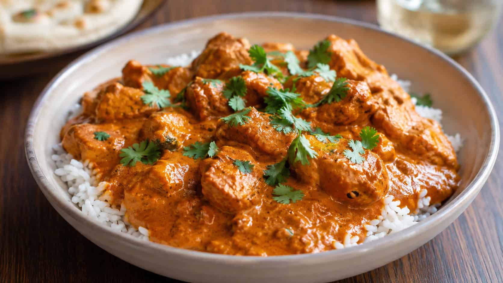a wide bowl of butter chicken in a creamy orange sauce over white rice, garnished with fresh cilantro, on a warm table, natural light, shallow depth of field, landscape orientation