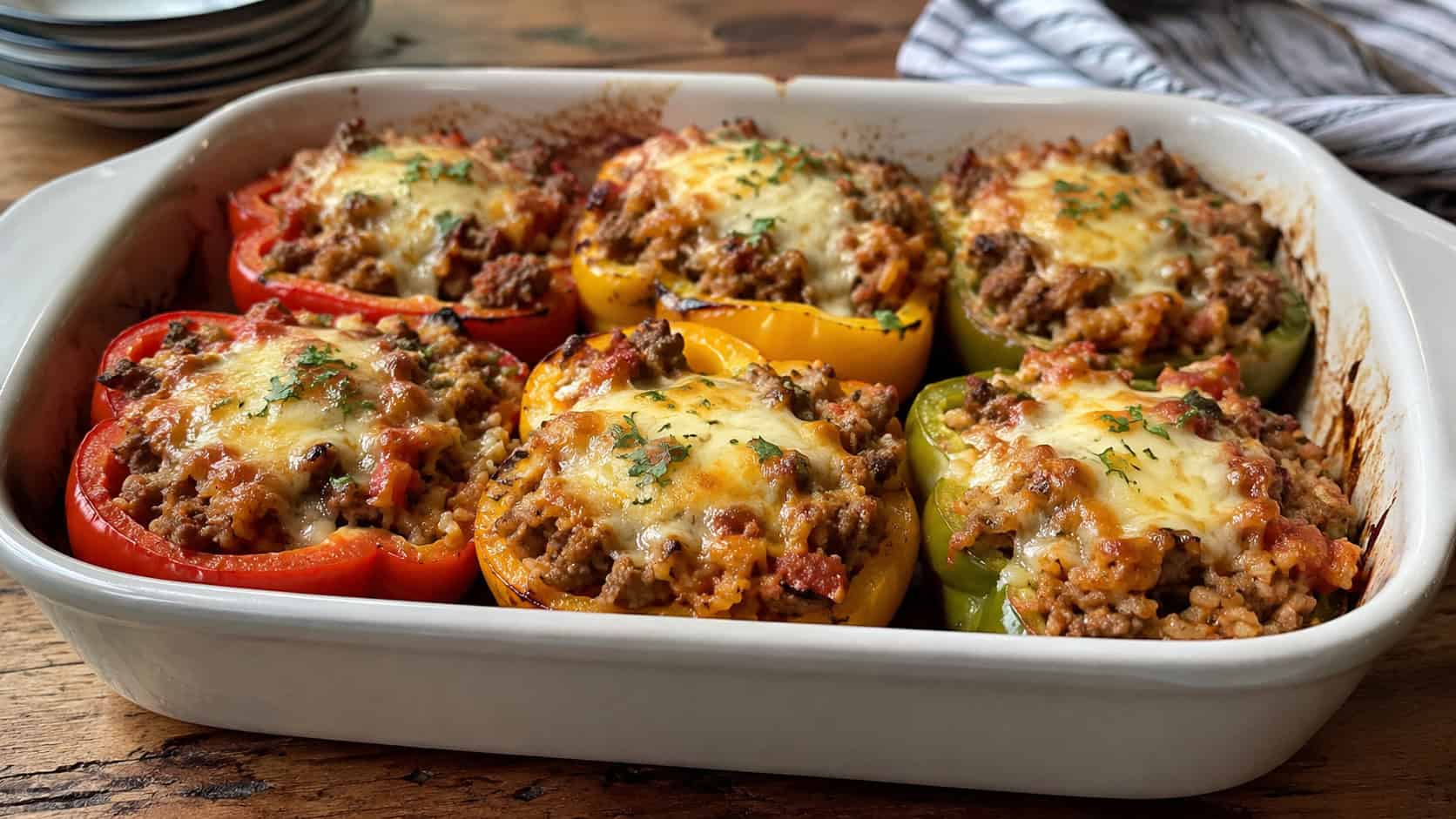 a wide baking dish of stuffed bell peppers filled with beef and rice topped with melted bubbly cheese, in red, yellow and green peppers, on a rustic table, natural light, shallow depth of field, landscape orientation