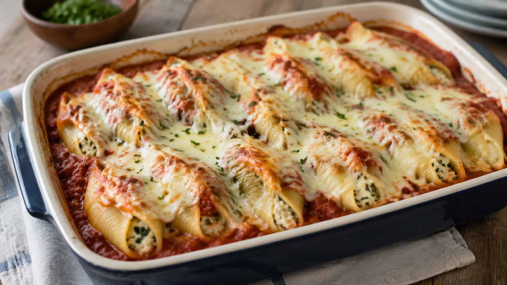 a wide baking dish of stuffed pasta shells in red marinara sauce topped with melted bubbly mozzarella, on a rustic table, natural light, shallow depth of field, landscape orientation