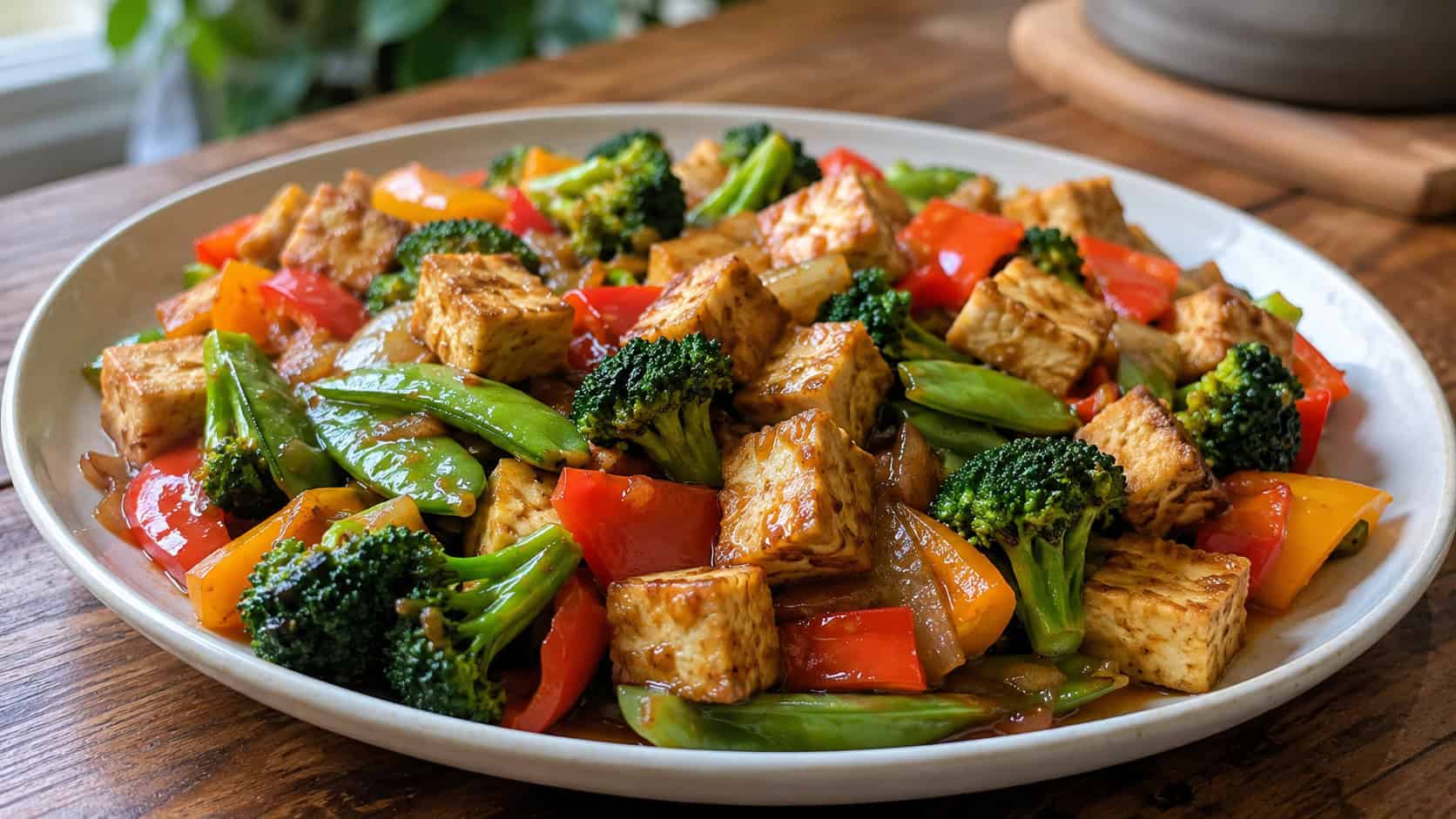 a wide platter of vegetable stir fry with golden tofu cubes, broccoli, colorful bell peppers and snap peas in a glossy sauce, on a wooden table, natural light, shallow depth of field, landscape orientation