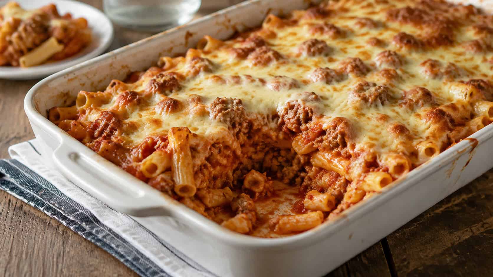 a wide baking dish of baked ziti with bubbly golden melted mozzarella, tomato sauce and visible sausage, a scoop removed, on a rustic table, natural light, shallow depth of field, landscape orientation