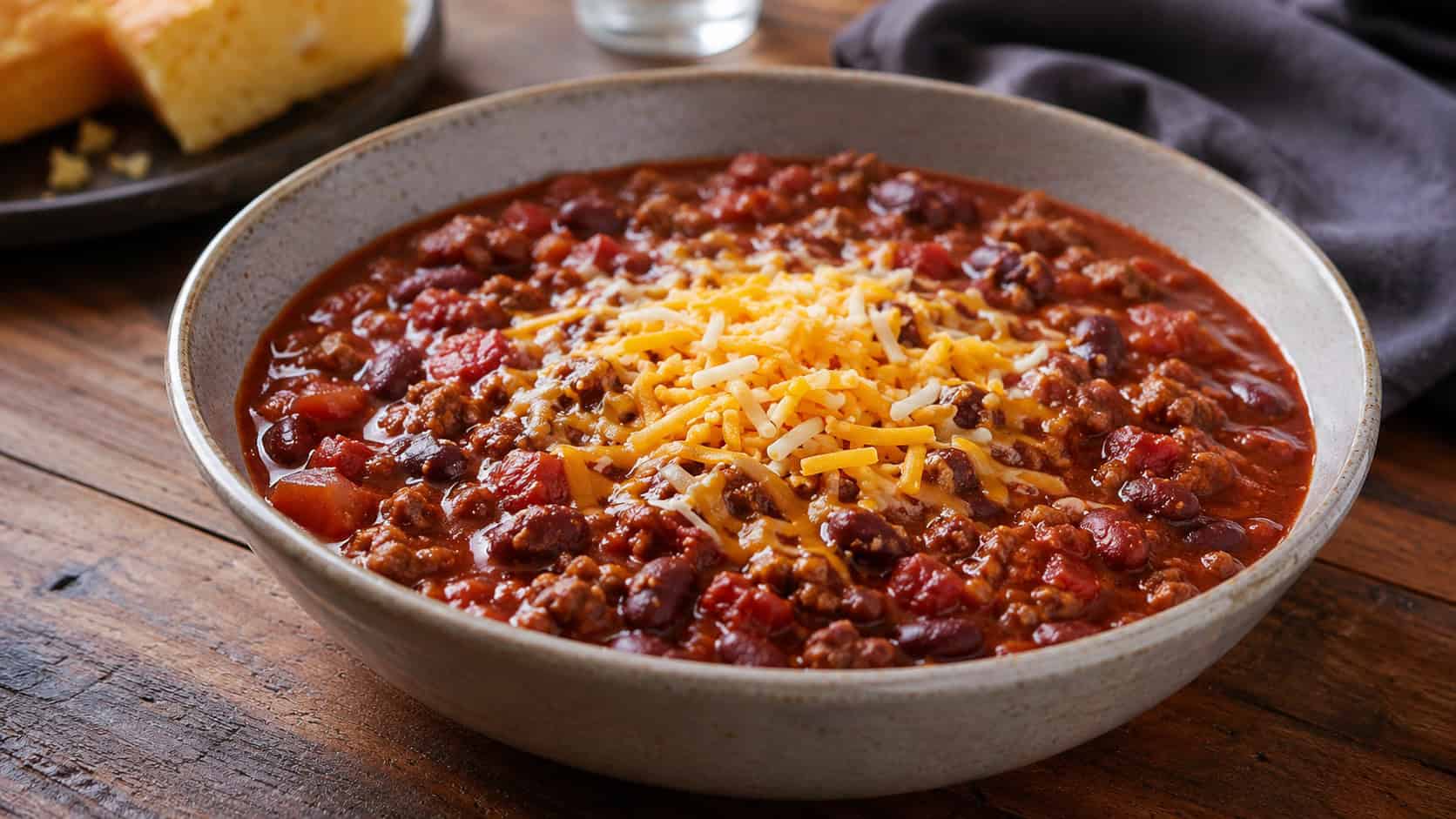 a wide bowl of hearty chili con carne with ground beef, kidney beans and tomato in a rich red sauce, topped with shredded cheese, on a wooden table, natural light, shallow depth of field, landscape orientation