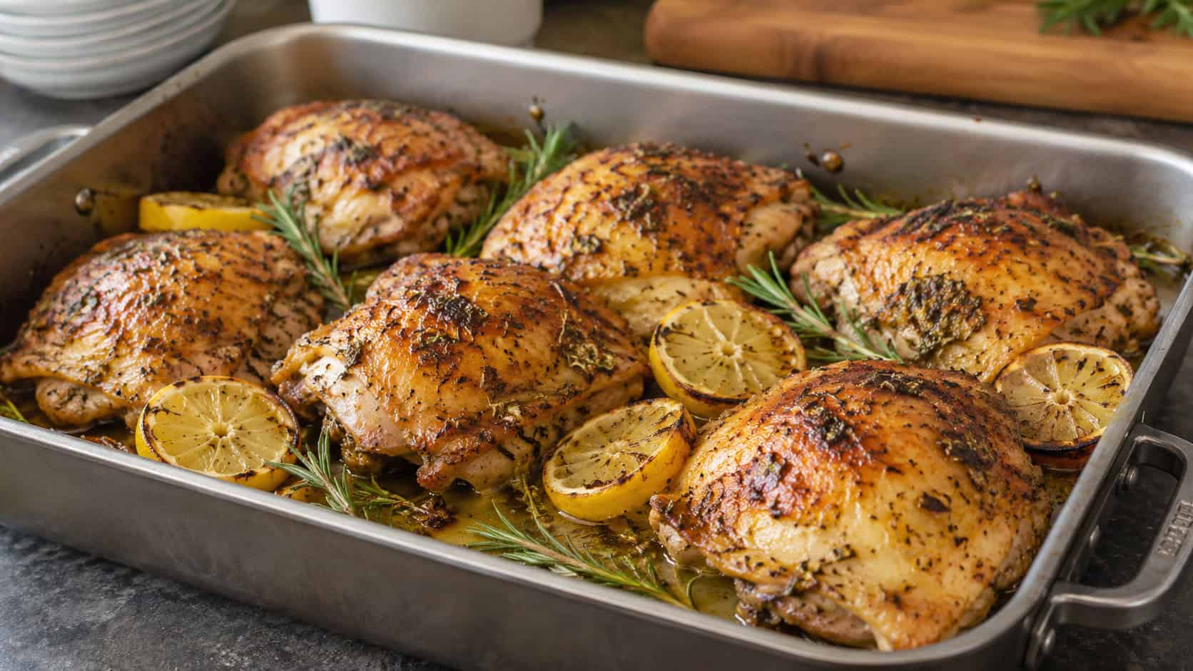 a wide roasting pan of golden lemon herb roasted chicken thighs with browned skin, lemon slices and fresh rosemary, on a kitchen counter, natural light, shallow depth of field, landscape orientation