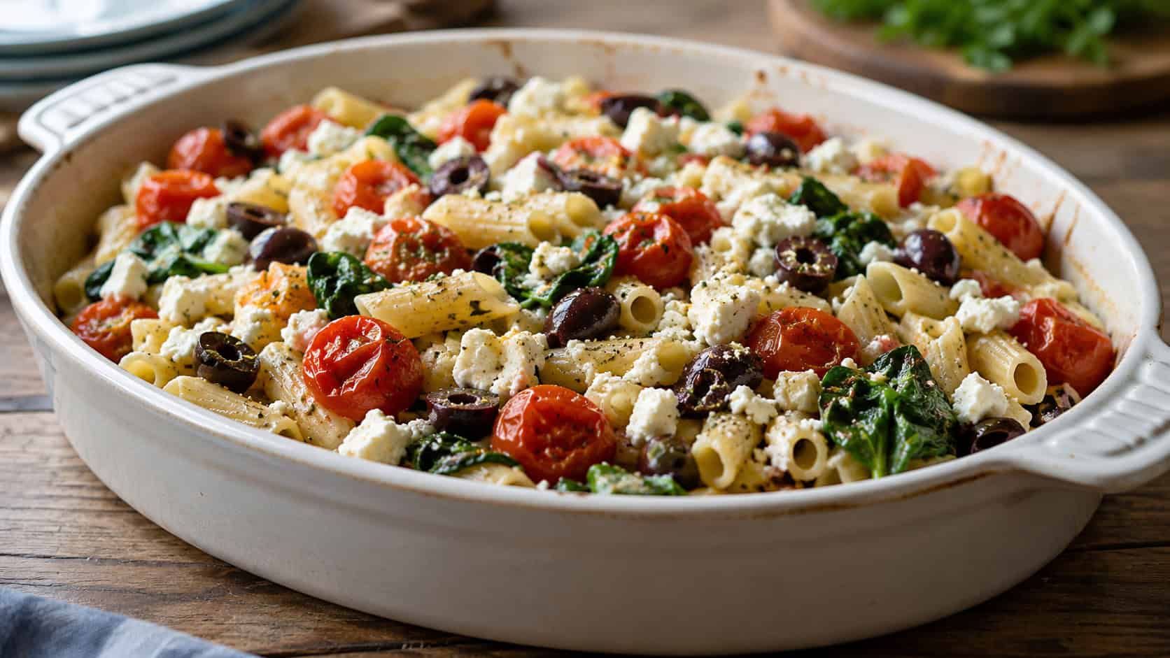 a wide baking dish of Mediterranean pasta with burst cherry tomatoes, kalamata olives, crumbled feta and wilted spinach, on a rustic table, natural light, shallow depth of field, landscape orientation