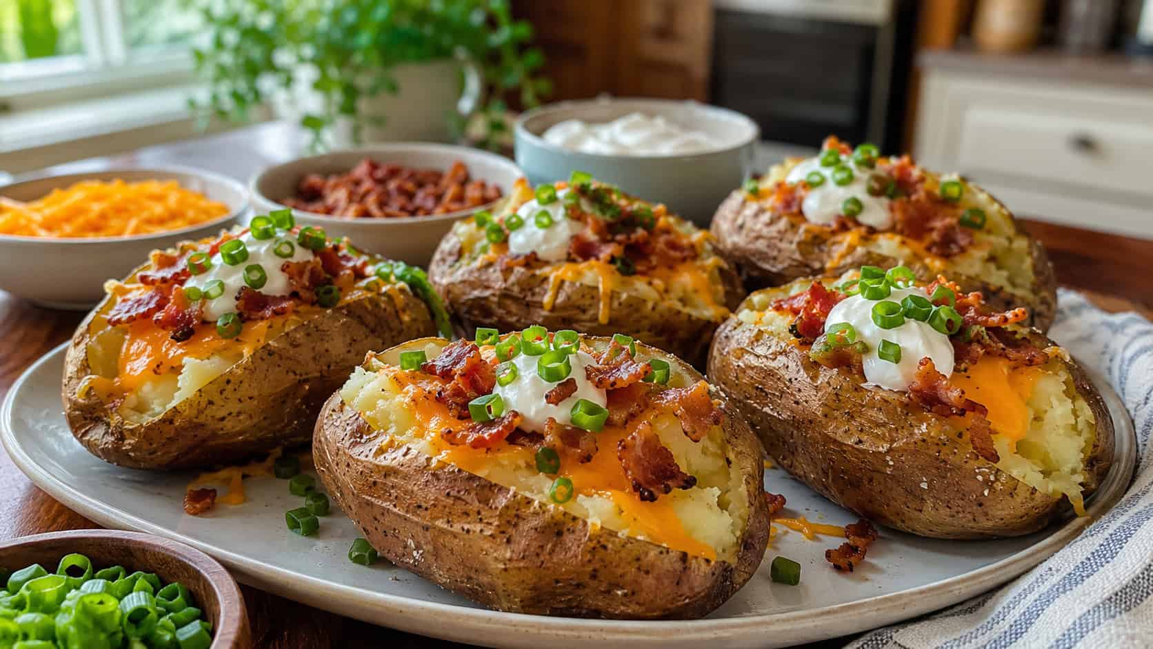 a wide spread of loaded baked potatoes split open with melting cheese, crumbled bacon, sour cream and green onion, bowls of toppings around, on a kitchen table, natural light, shallow depth of field, landscape orientation