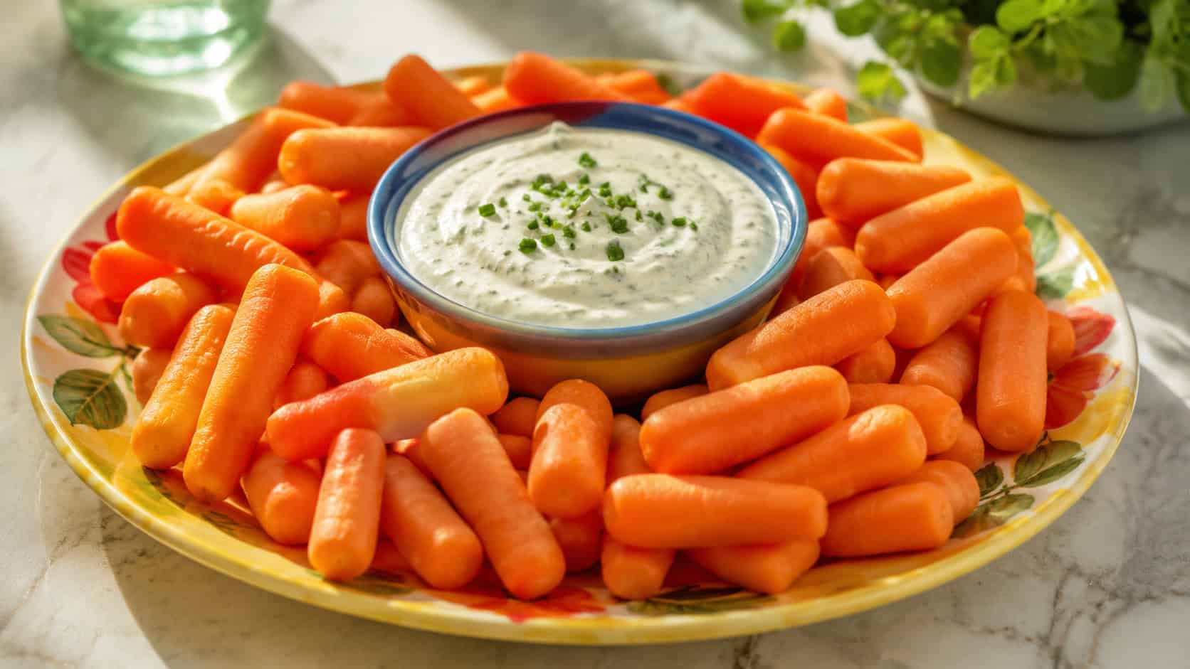 baby carrots arranged around a bowl of creamy ranch dip in a wide horizontal shot, flecks of green chives in the dip, a bright cheerful plate on a sunny counter, natural light, shallow depth of field, landscape orientation