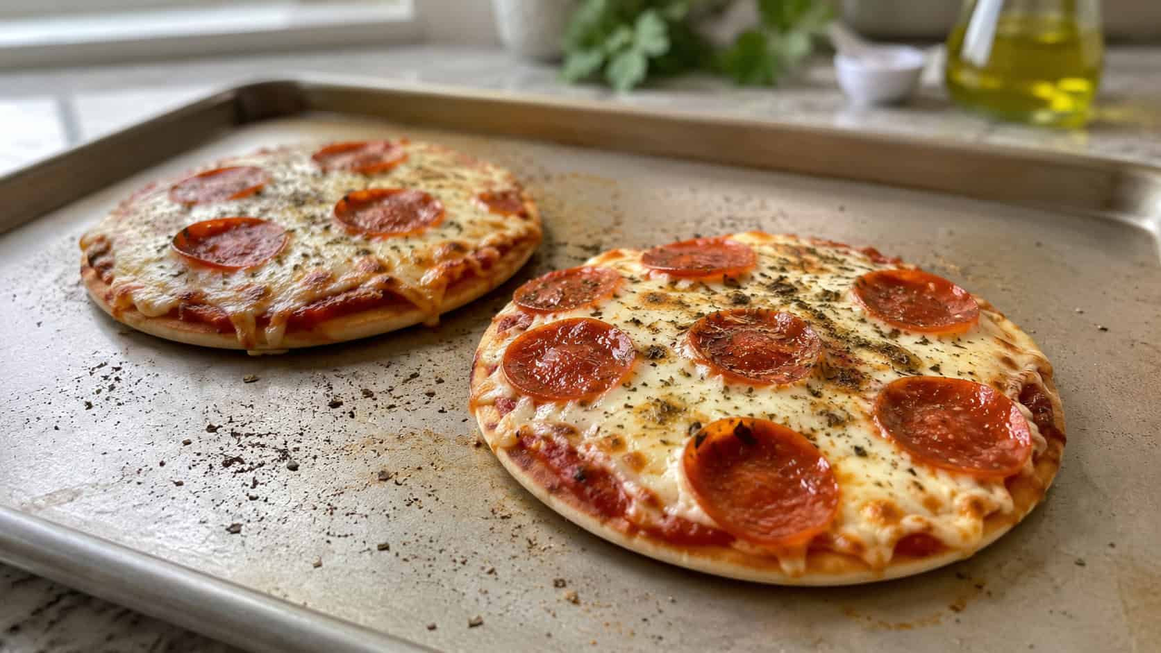 two pita bread mini pizzas on a baking sheet in a wide horizontal composition, bubbly melted cheese and pepperoni, a sprinkle of oregano, a bright kitchen counter, natural light, shallow depth of field, landscape orientation