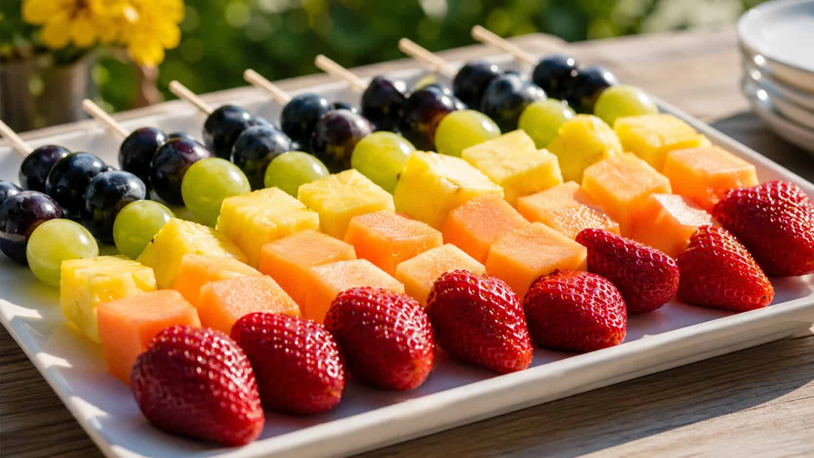 colorful fruit kebabs arranged on a white platter in a wide horizontal shot, rainbow rows of strawberries, melon, grapes and pineapple on sticks, a bright sunny table, natural light, shallow depth of field, landscape orientation