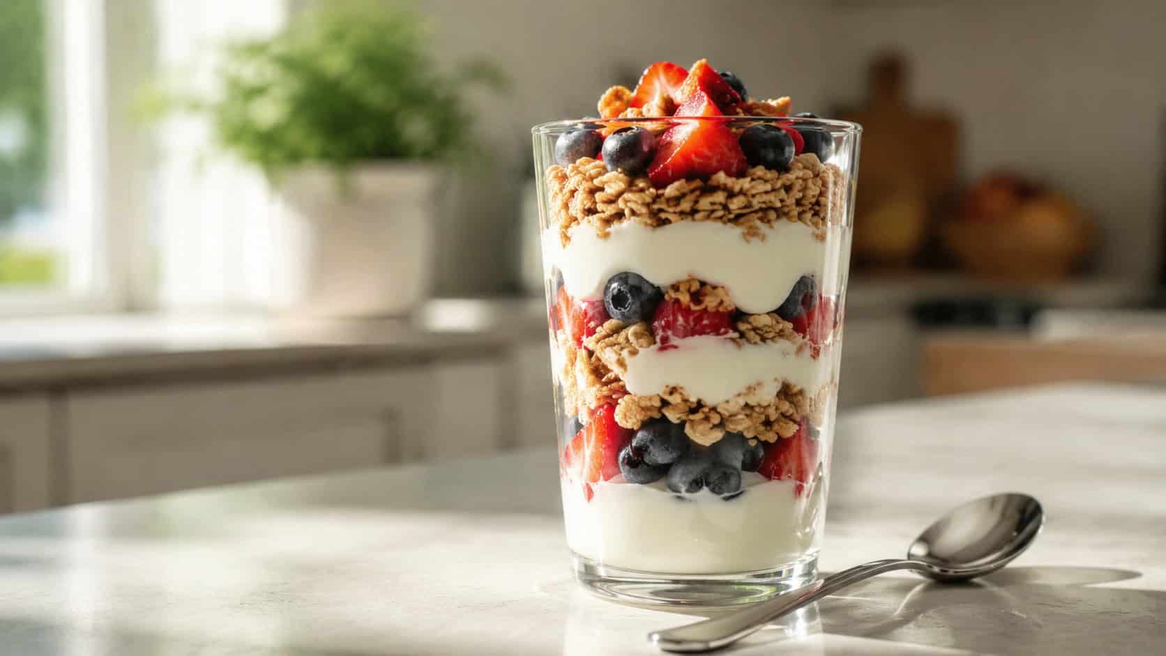 a layered yogurt parfait in a tall clear glass in a wide horizontal composition, colorful berries and golden granola layers visible, a spoon resting beside it on a sunny kitchen counter, natural light, shallow depth of field, landscape orientation