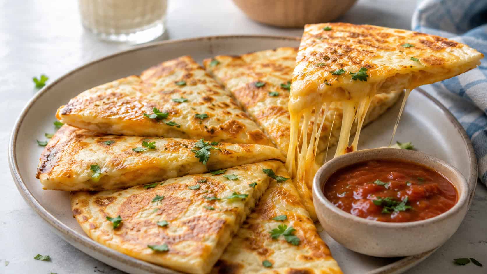 golden cheese quesadilla wedges fanned on a plate in a wide horizontal shot, melty cheese stretching from one piece, a small bowl of salsa beside it on a bright table, natural light, shallow depth of field, landscape orientation