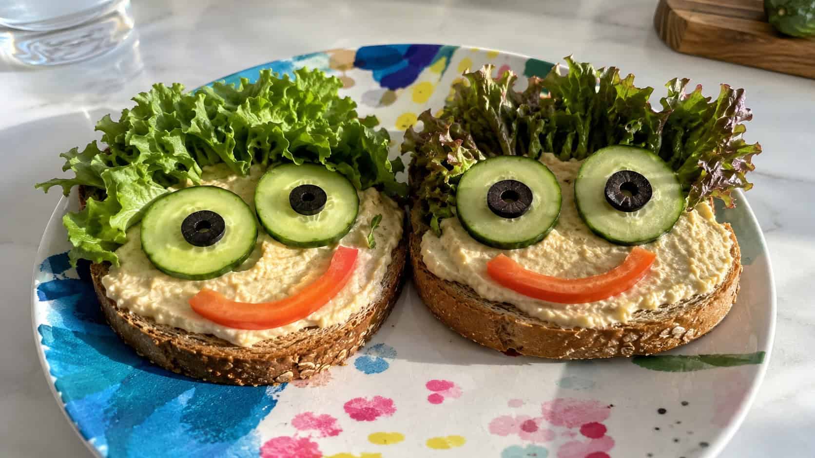 two open-faced sandwiches decorated like smiling faces with veggies in a wide horizontal composition, cucumber eyes and carrot smiles, a colorful plate on a bright kitchen table, natural light, shallow depth of field, landscape orientation