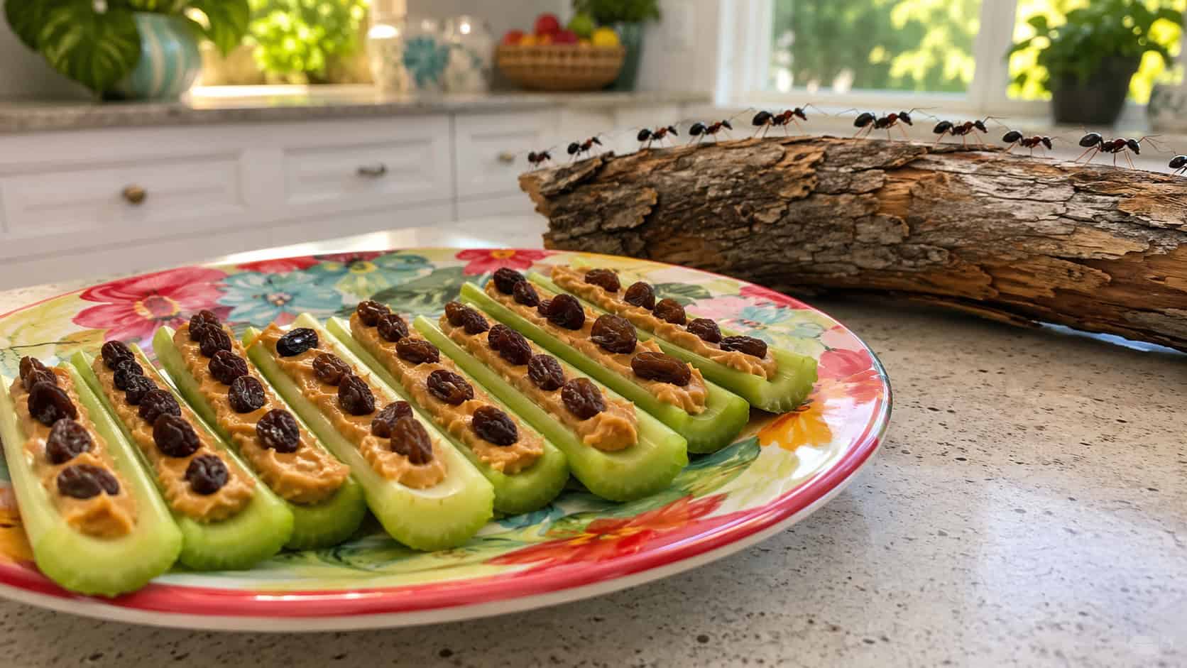 celery sticks filled with peanut butter and topped with raisins on a colorful plate in a wide horizontal shot, neat rows of ants on a log, a bright cheerful kitchen counter, natural light, shallow depth of field, landscape orientation