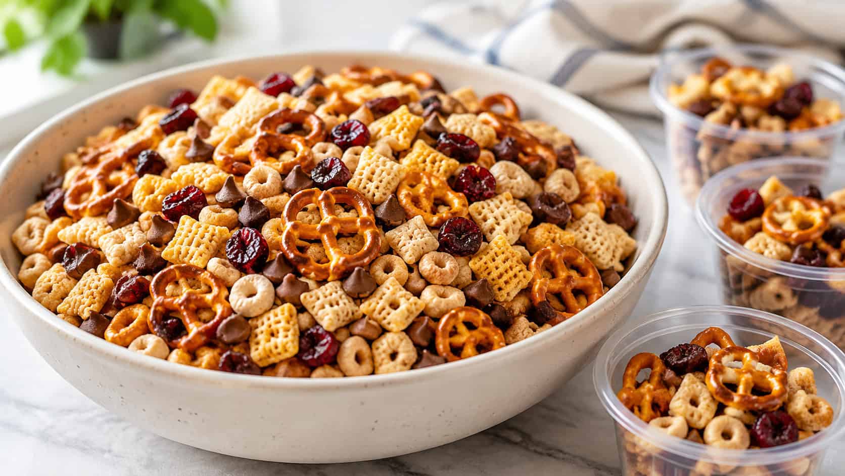 a colorful homemade trail mix in a big bowl in a wide horizontal composition, cereal, pretzels, dried cranberries and chocolate chips, small snack cups beside it on a bright table, natural light, shallow depth of field, landscape orientation