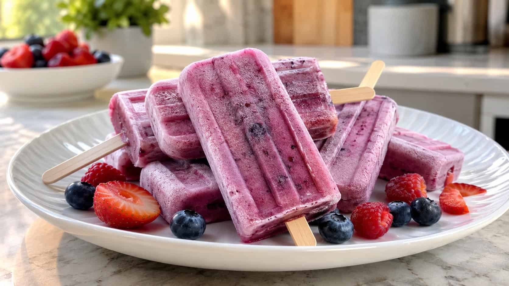 homemade berry smoothie popsicles on a plate in a wide horizontal shot, frosty pink and purple pops with wooden sticks, a few fresh berries scattered around, bright sunny kitchen counter, natural light, shallow depth of field, landscape orientation