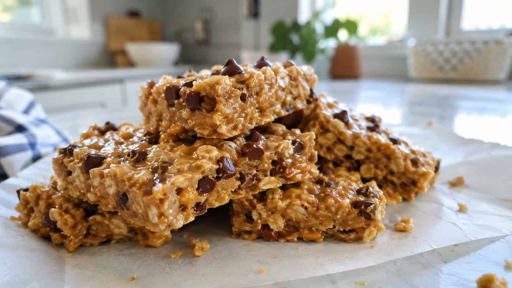 chewy no-bake cereal bars stacked on parchment in a wide horizontal composition, glossy peanut butter coating with chocolate chips, a few crumbs on a bright kitchen table, natural light, shallow depth of field, landscape orientation