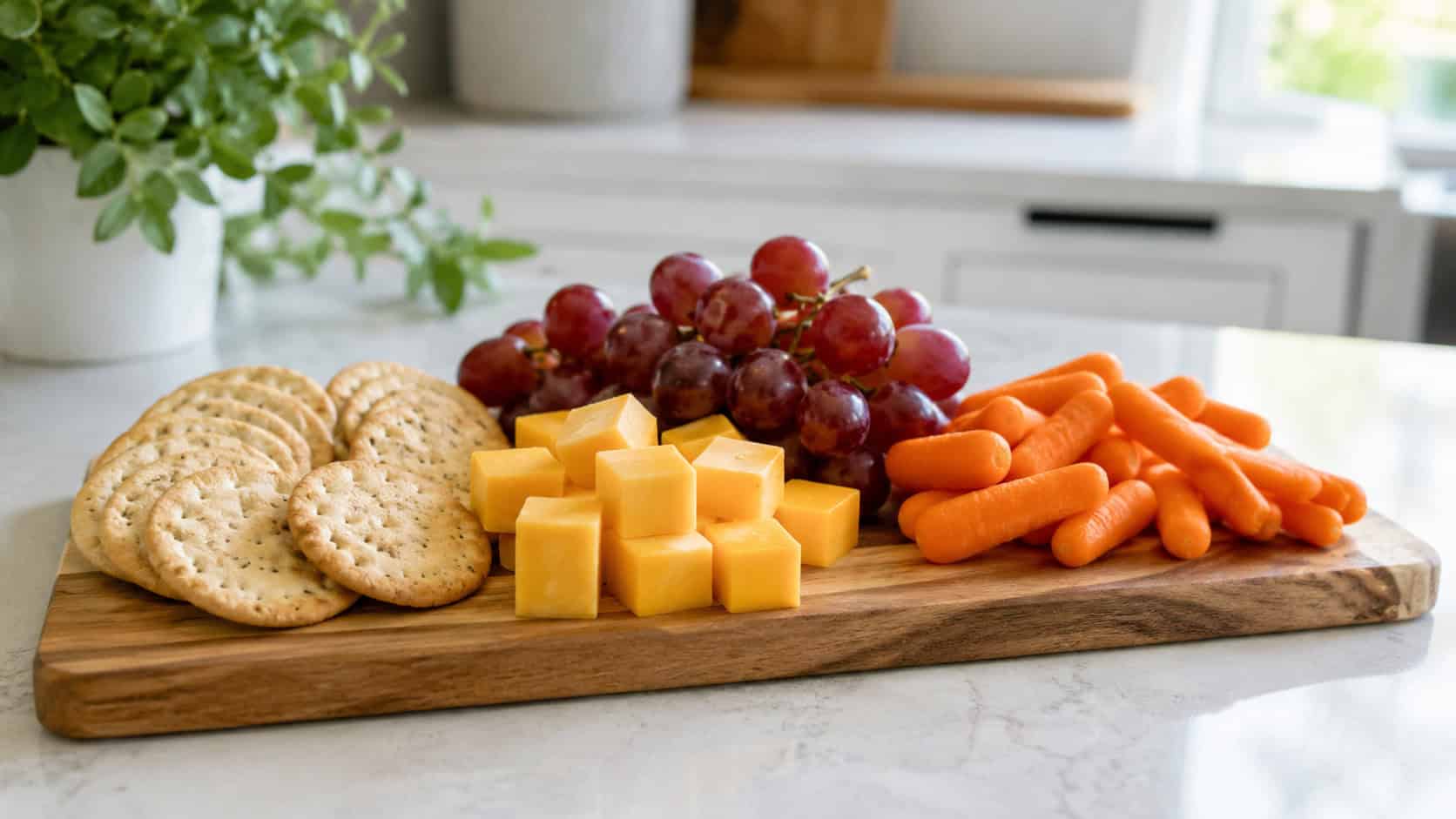 a small snack board with cheese cubes, crackers, grapes, and baby carrots in a wide horizontal shot, neatly arranged little piles on a wooden board, bright cheerful kitchen counter, natural light, shallow depth of field, landscape orientation