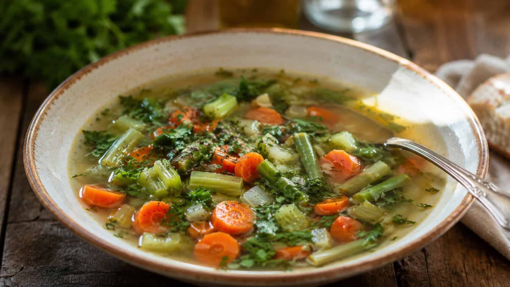 a brothy vegetable soup in a wide bowl in a horizontal shot, colorful carrots, celery, and green beans, fresh herbs, rustic spoon, warm natural light, shallow depth of field, landscape orientation