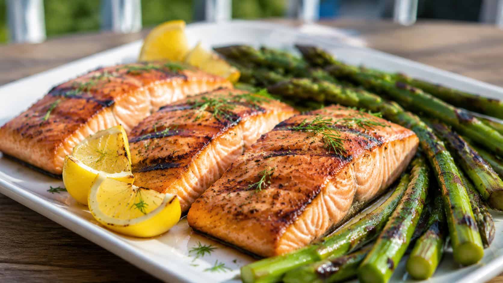 grilled salmon fillets and asparagus on a white platter in a wide horizontal shot, char marks, lemon wedges, fresh dill, bright natural light, shallow depth of field, landscape orientation